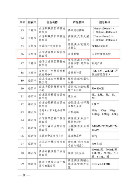 山东洁晶集团海藻酸钠产品入选2023年“山东制造·齐鲁精品”名单